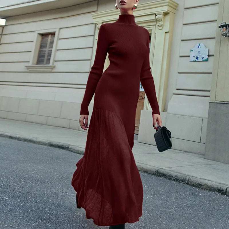 Elegant Fashionpara High Collar Knitted Maxi Dress for Fall