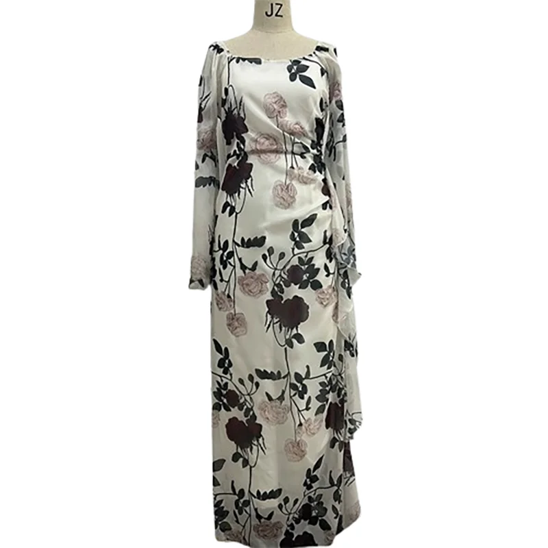 Elegant Black Rose Floral Long Sleeve Evening Dress for Women - Fashionpara