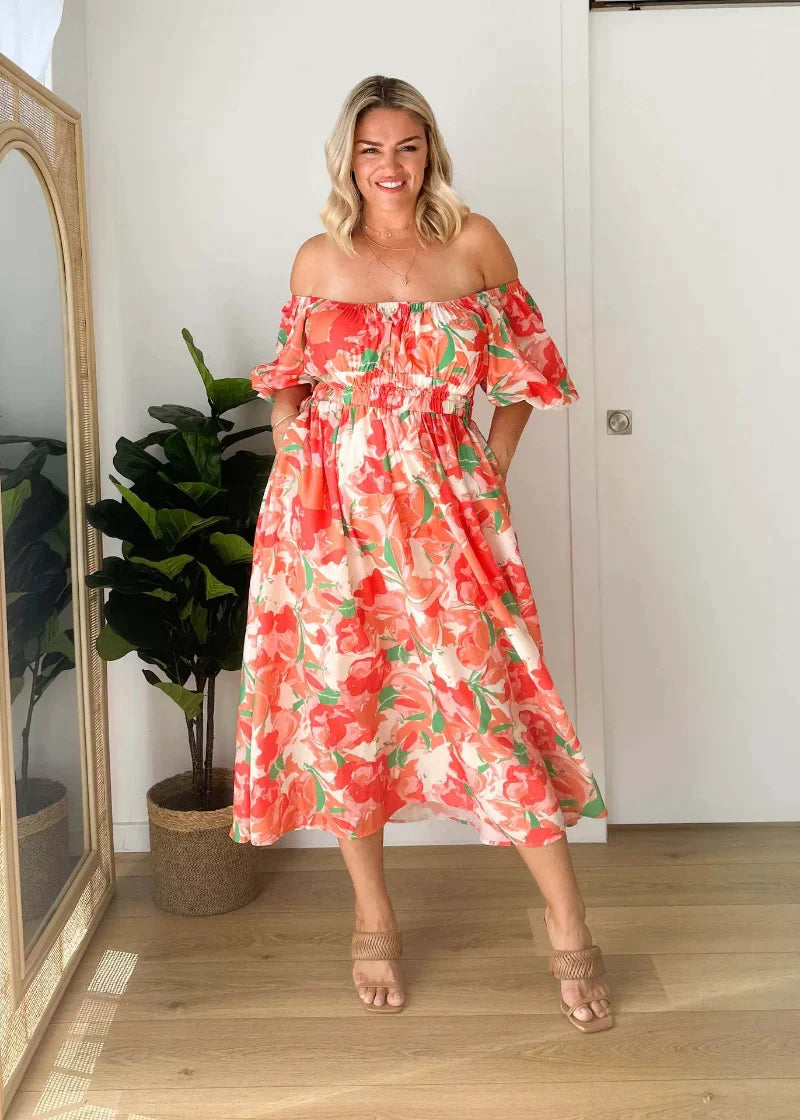 Off Shoulder Puff Sleeve Smocked Waist Pocket Maxi Summer Dress