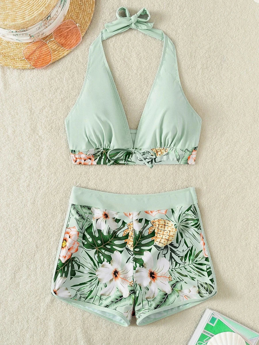 Leaf Print Knot Front Halter Two Piece Set