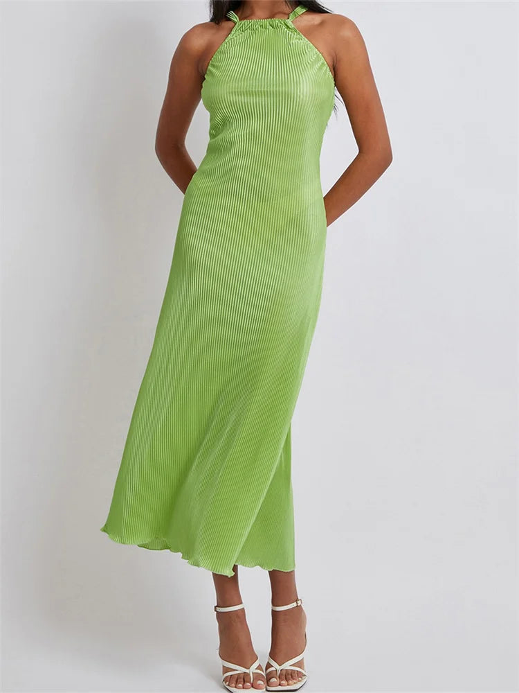 Women Cocktail Solid Color Halter Neck Sleeveless Off Shoulder Ruched Summer Evening Party Vestidos