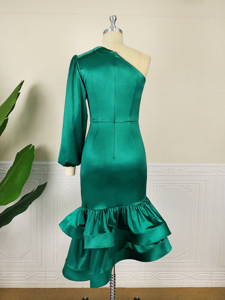 Satin One Shoulder Long Sleeve Ruched Tiered Ruffle Midi Dress - View 15