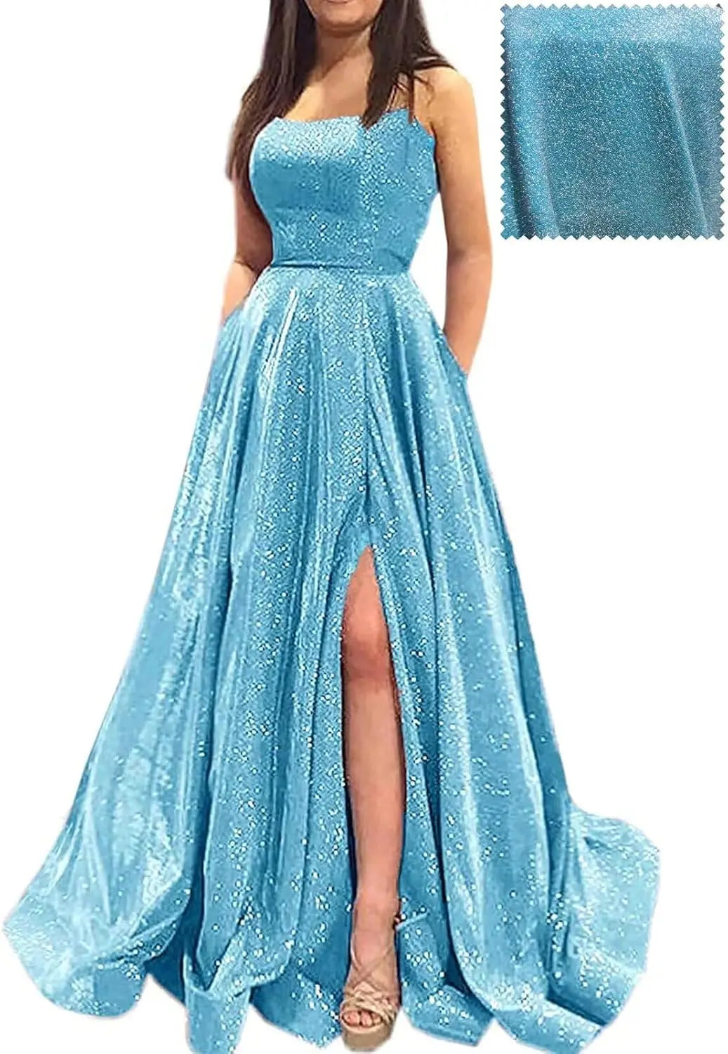 Elegant A-Line Formal Evening Gown with Pockets and Glitter - Fashionpara