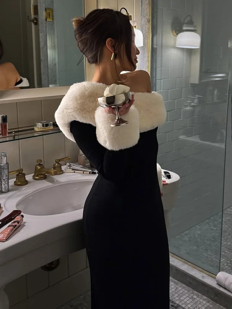 Plush Slit Skew Collar Maxi Dress