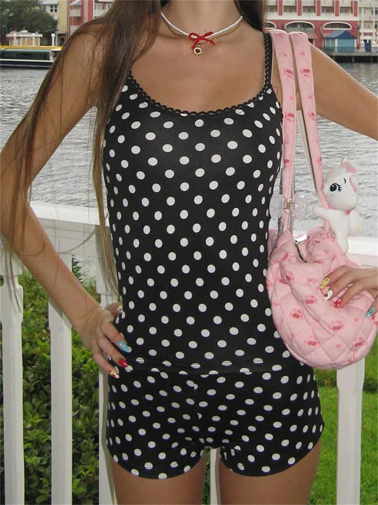 Polka Dot U-Neck Crop Tank Top Two Piece Shorts Set - Fashionpara