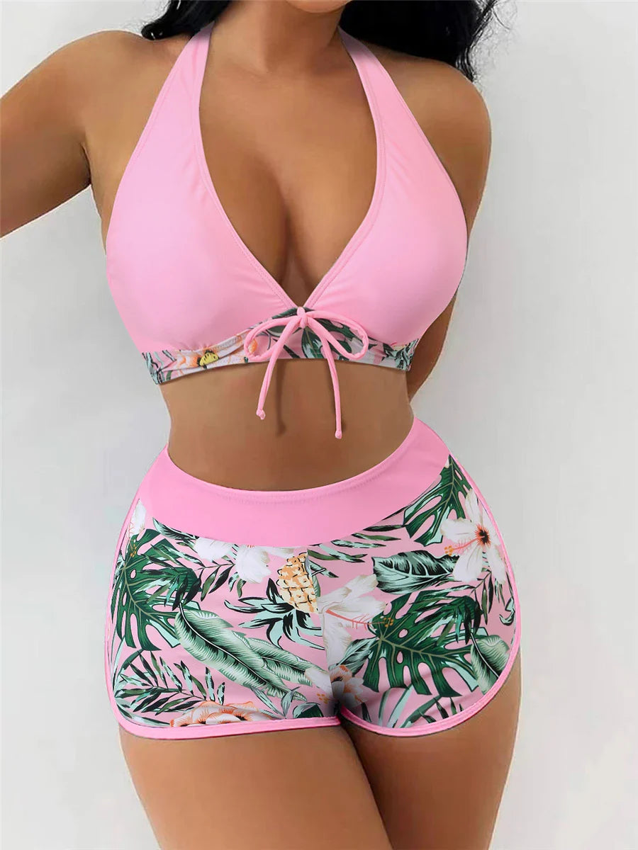 Leaf Print Knot Front Halter Two Piece Set