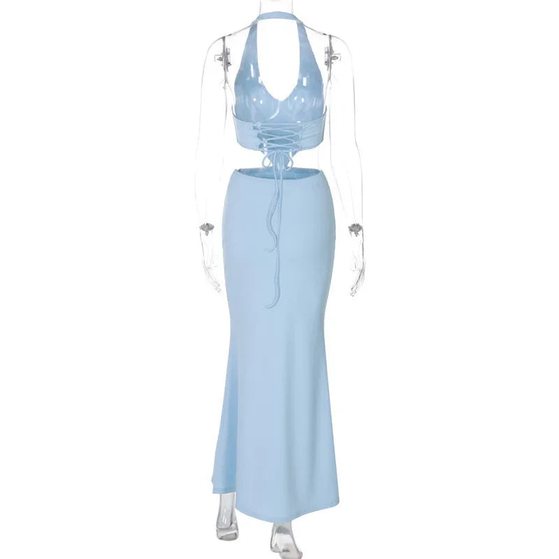 Halter Backless Blue Lace - up Maxi Dress - View 8
