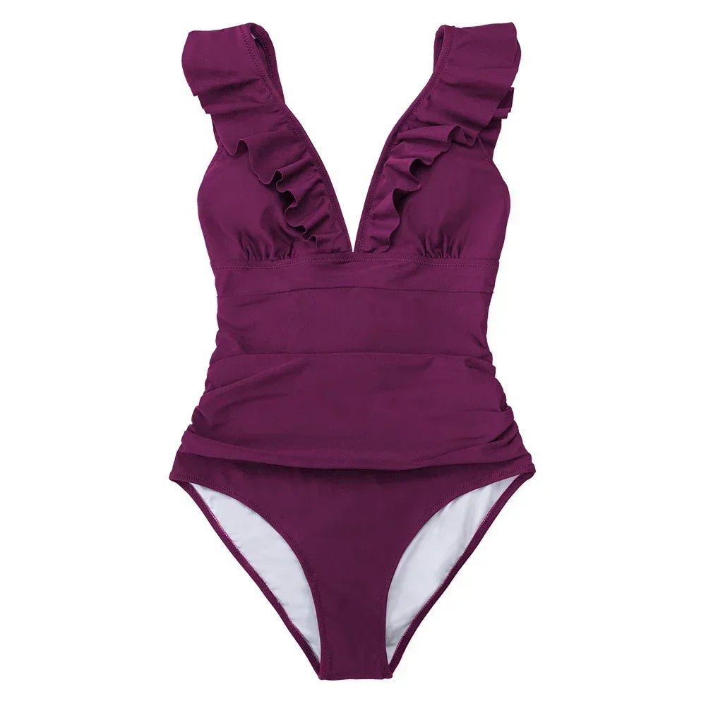 Ruffled V-neck Lace Up One Piece Set