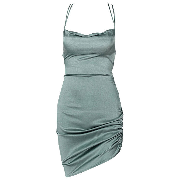 Satin Cowl Neck Spaghetti Strap Ruched Side Bodycon Mini Dress - View 3