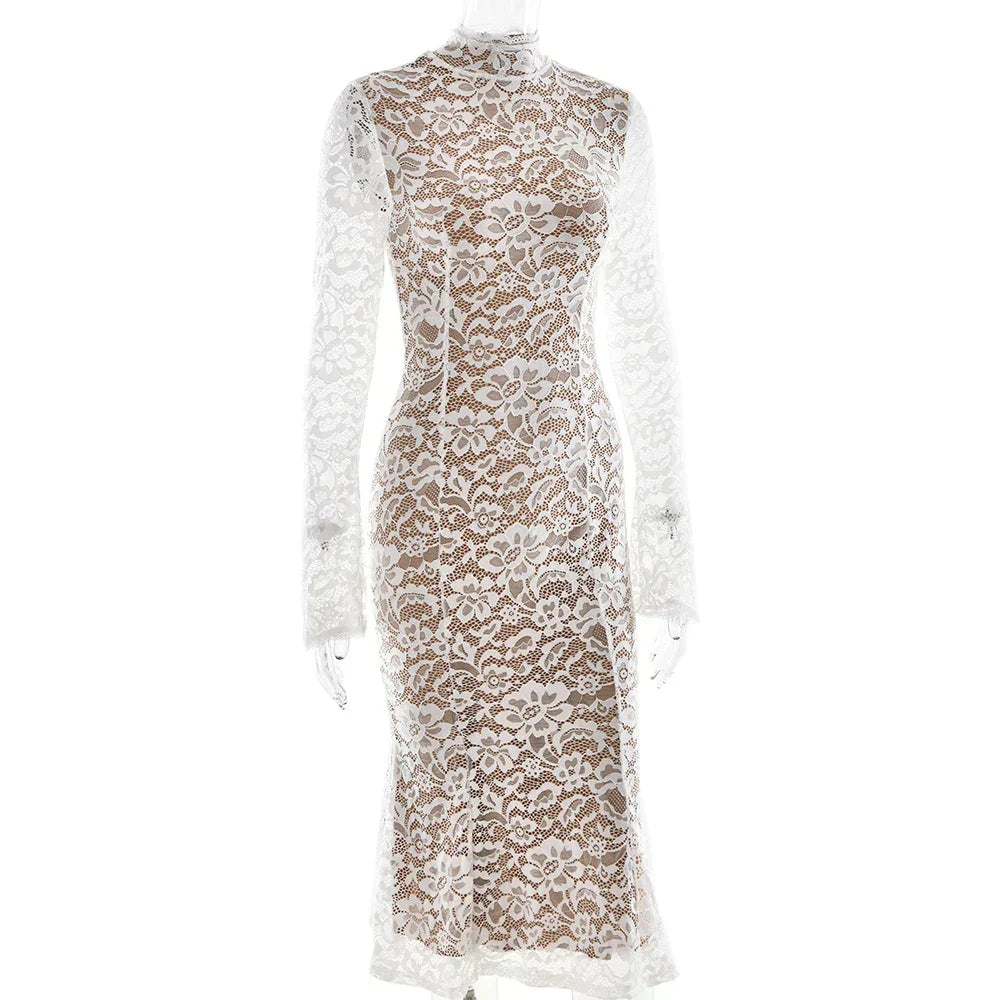 Lace White Long Sleeve Turtleneck Dress - View 7