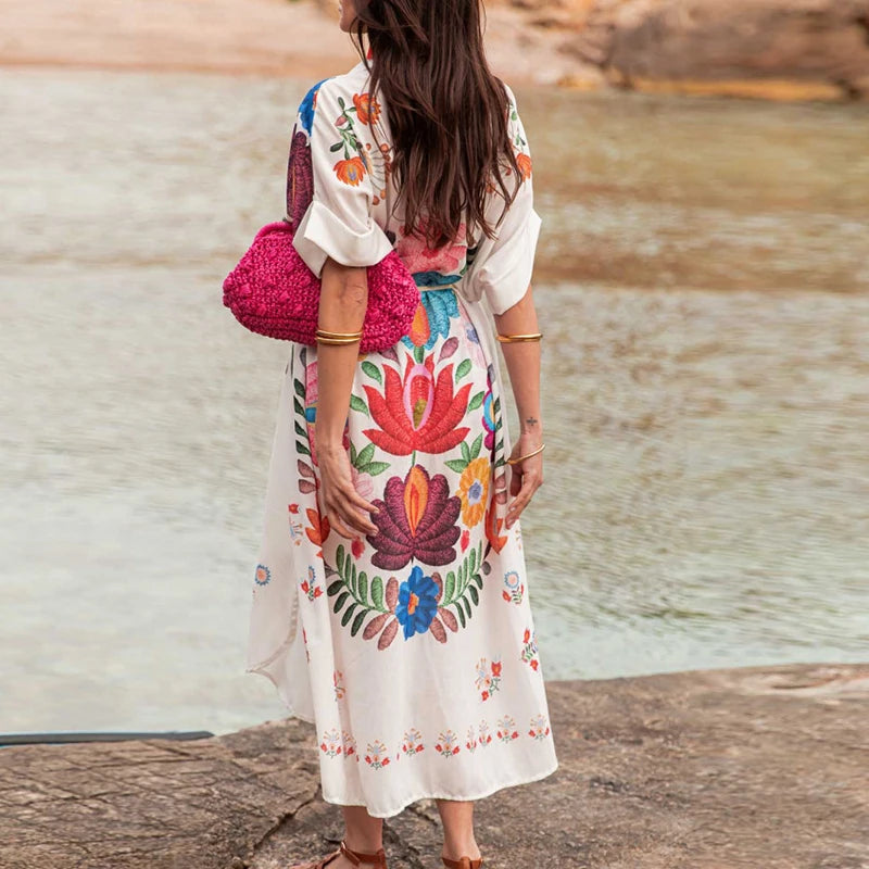 Elegant Vintage Patterned Loose Shirt Dress with Split Hem