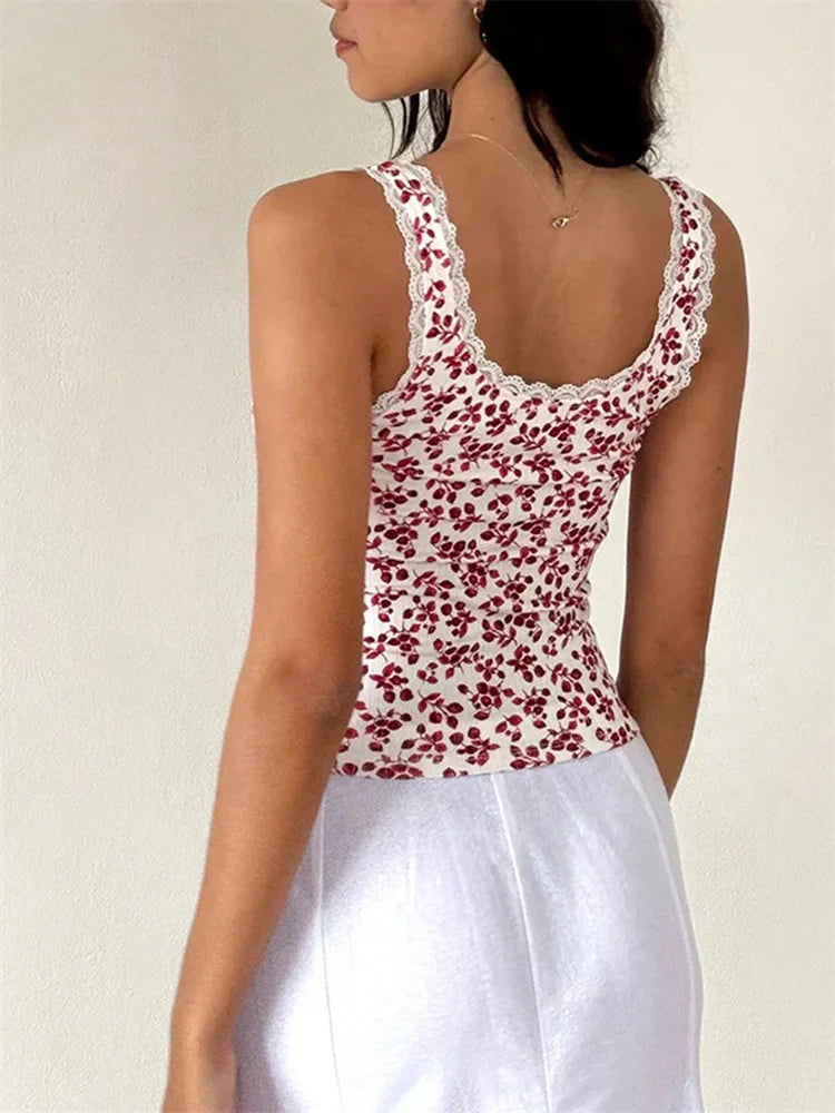 Vintage Floral Lace Trim Sleeveless Crop Top