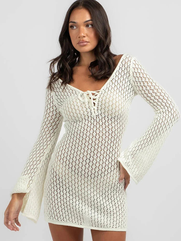 Solid Lace Up Bikini Cover Up