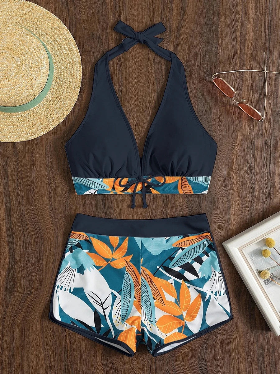 Leaf Print Knot Front Halter Two Piece Set