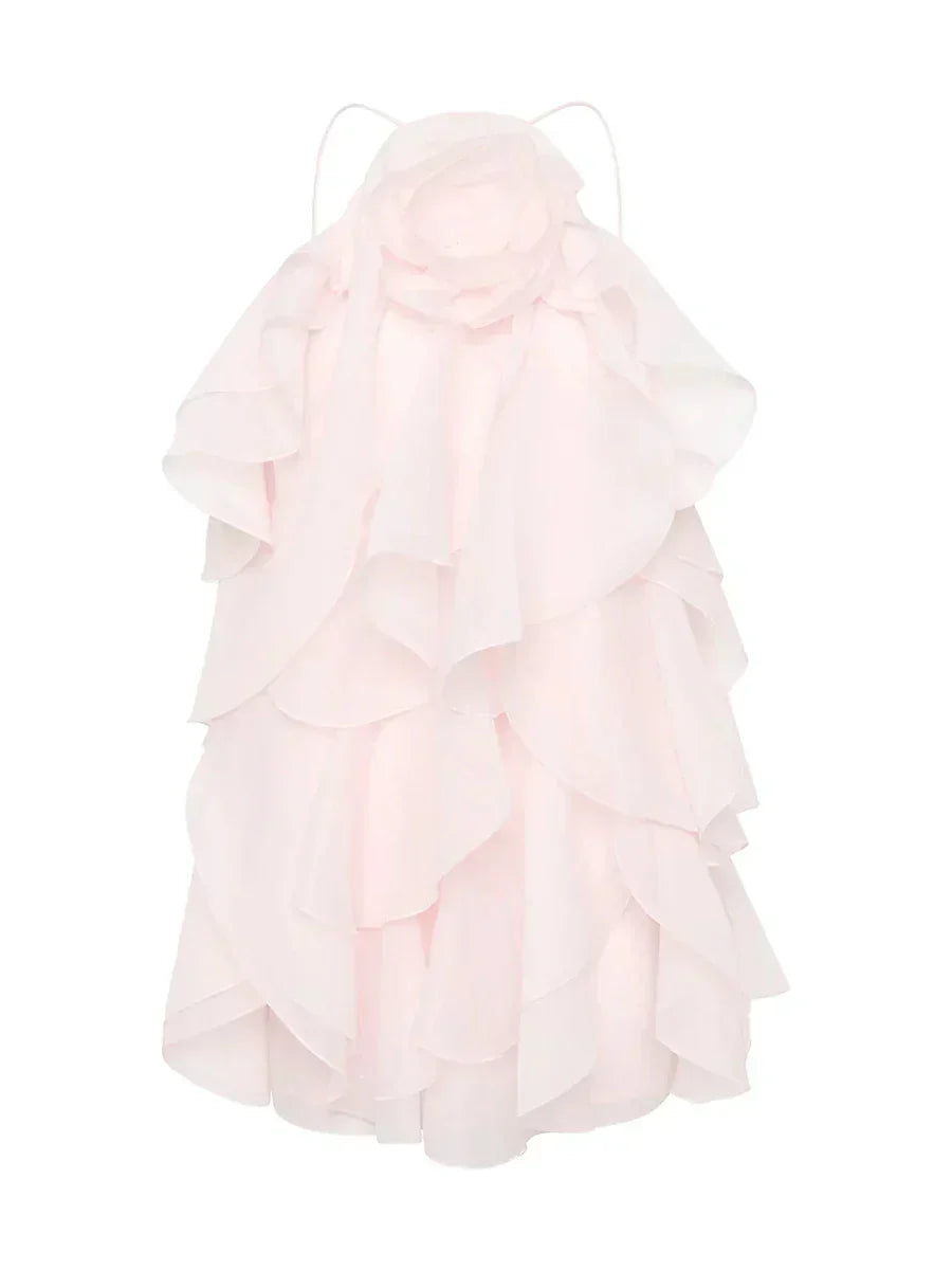 Halter Neck 3D Rosette Tiered Ruffle Organza Mini Dress - View 9