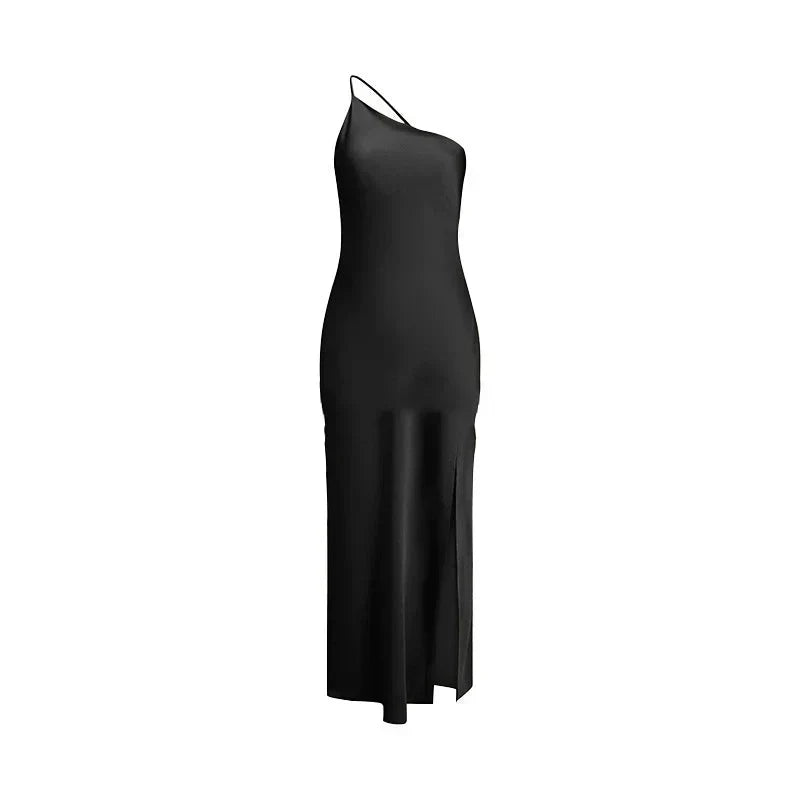Backless Satin Slant Shoulder Solid Slit Long Dress - View 23