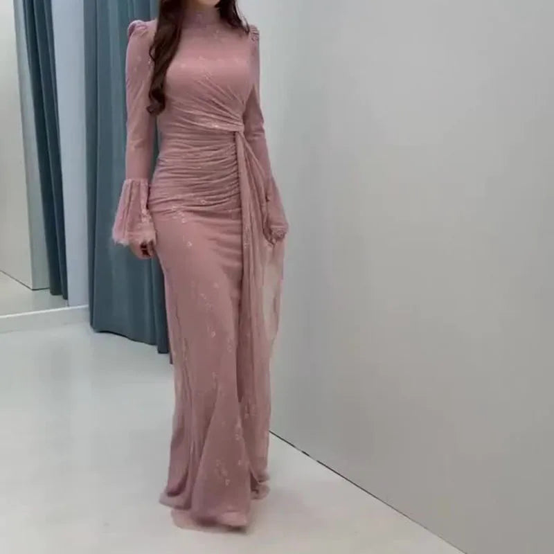 Elegant Turtleneck Lace Embroidery Long Sleeve Dress