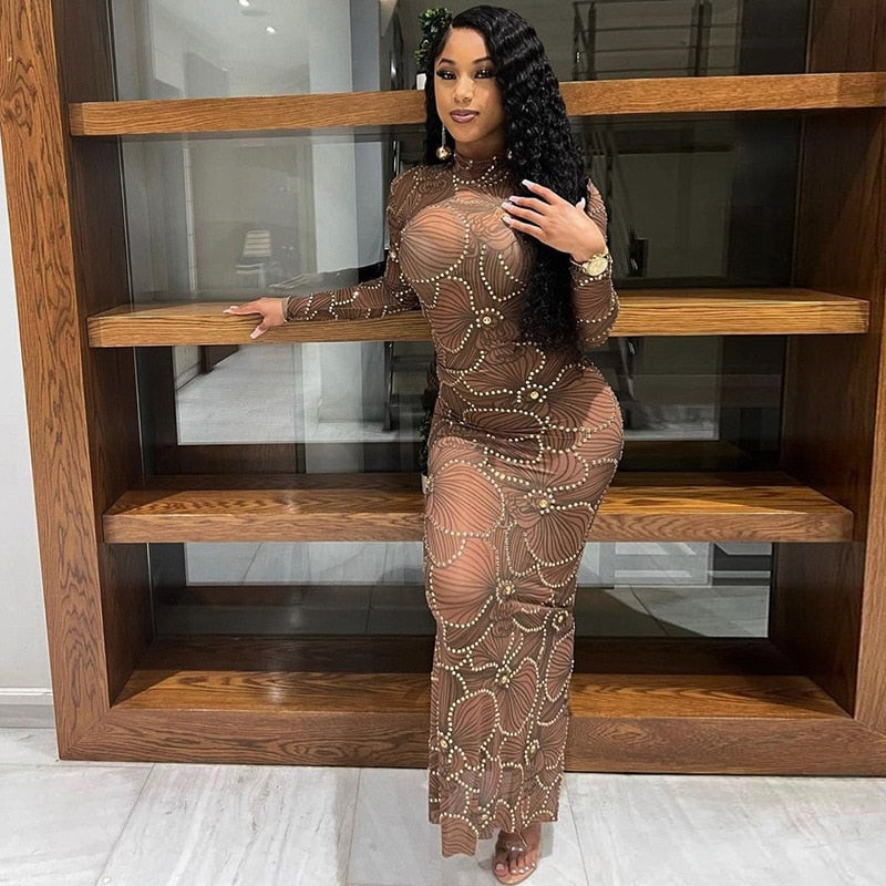 Embellished High Neck Long Sleeve Bodycon Maxi Dress