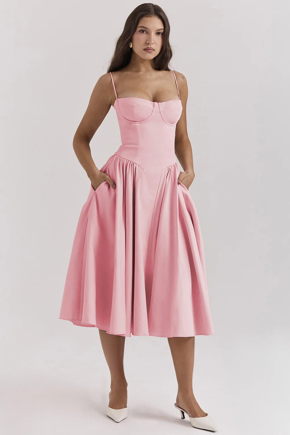 Spaghetti Strap Corset Bodice Pleated Fit and Flare Midi Dress - View 10