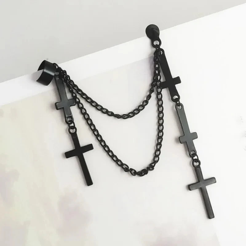 Genderless Punk Cross Fringe Chain Clip Earring
