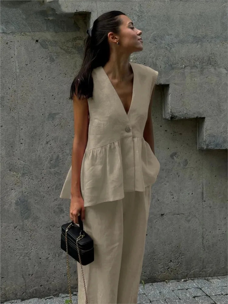 Pink Cotton Linen Ruffles Two Piece Pants Set