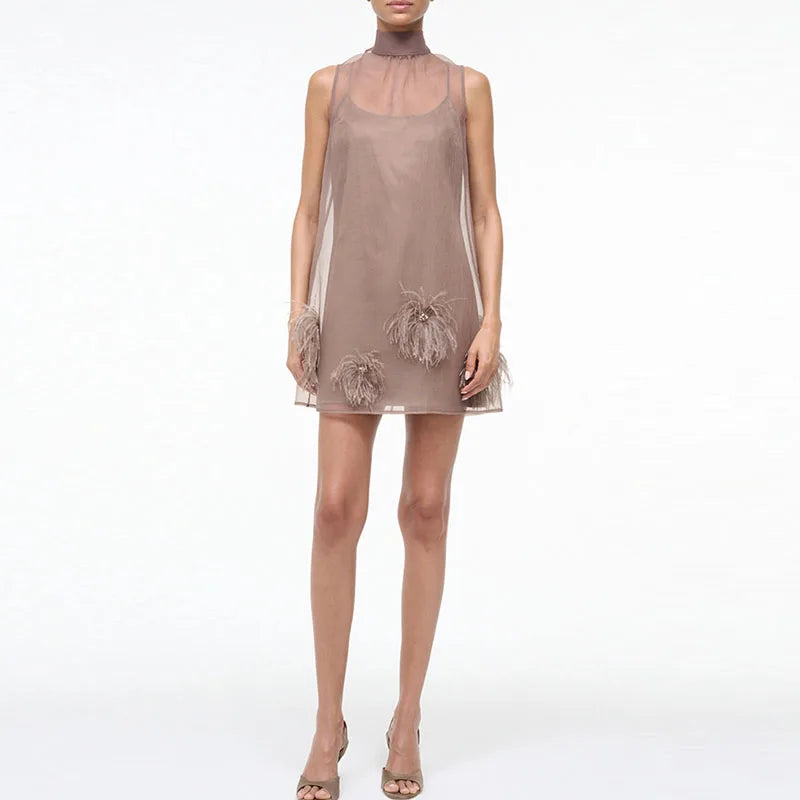Elegant A-Line Feather Mesh Splicing Mini Dress for Women