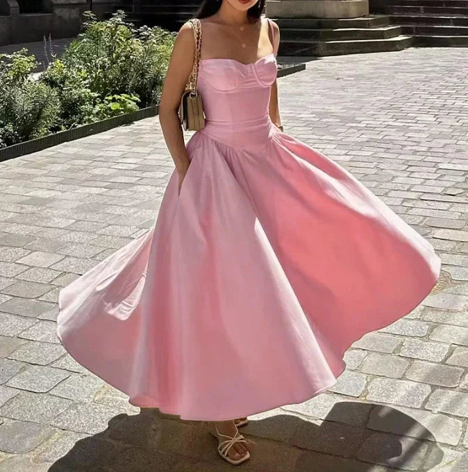 Spaghetti Strap Sweetheart Bustier Pocket Flared A-Line Midi Dress