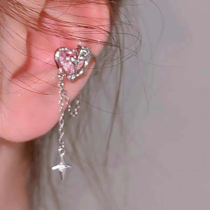 Rose Quartz Heart Celestial Fringe Clip Earring