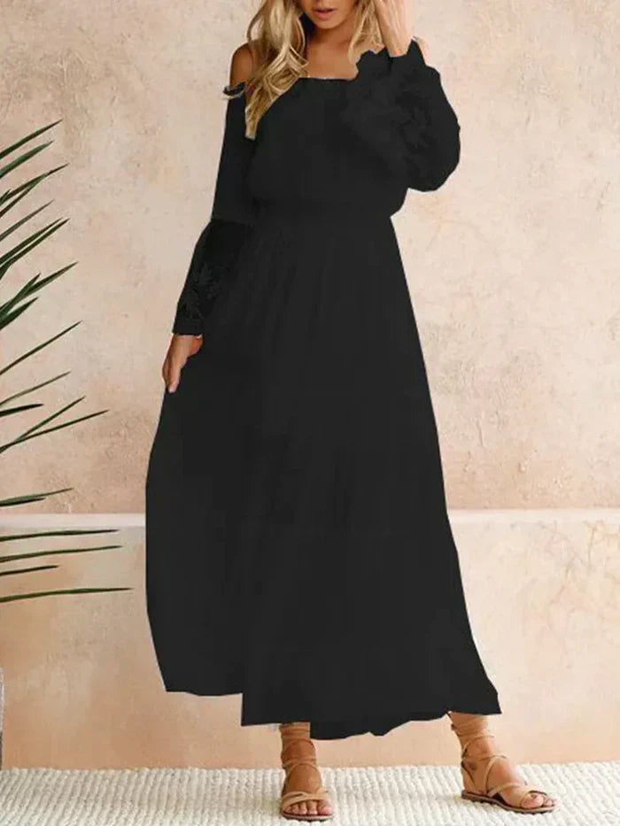 Off Shoulder Lace Bell Sleeve Smocked Tiered Chiffon Maxi Dress - View 3