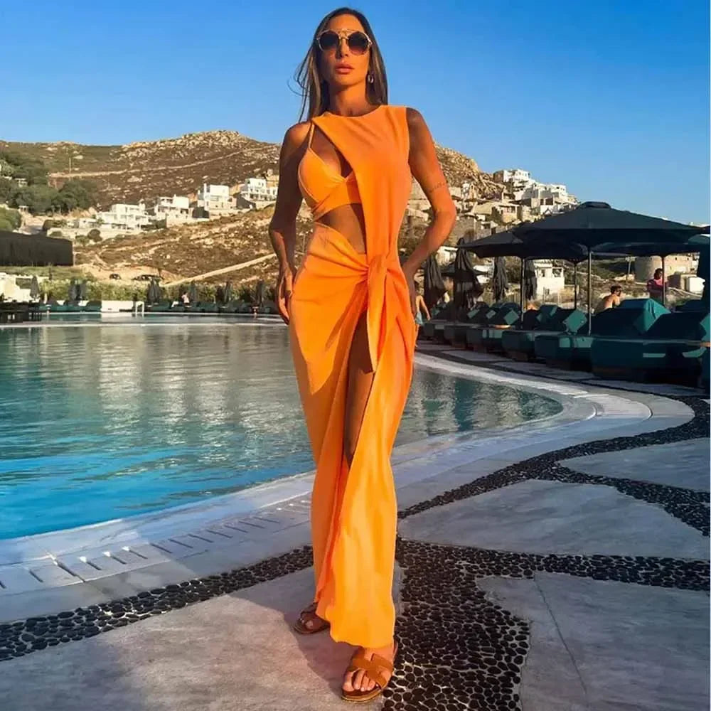 Push Up Bikini Set with Linen Three Piece Swimsuit