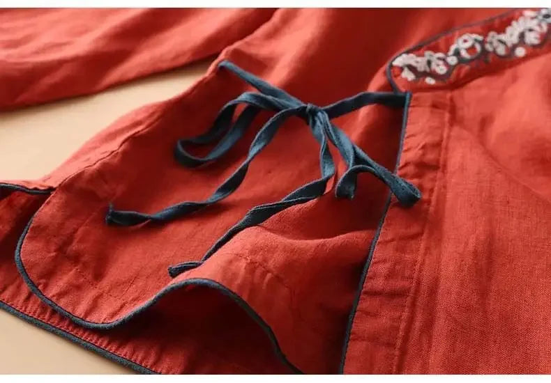 Embroidered Trim V-Neck Long Sleeve Wrap Blouse 8