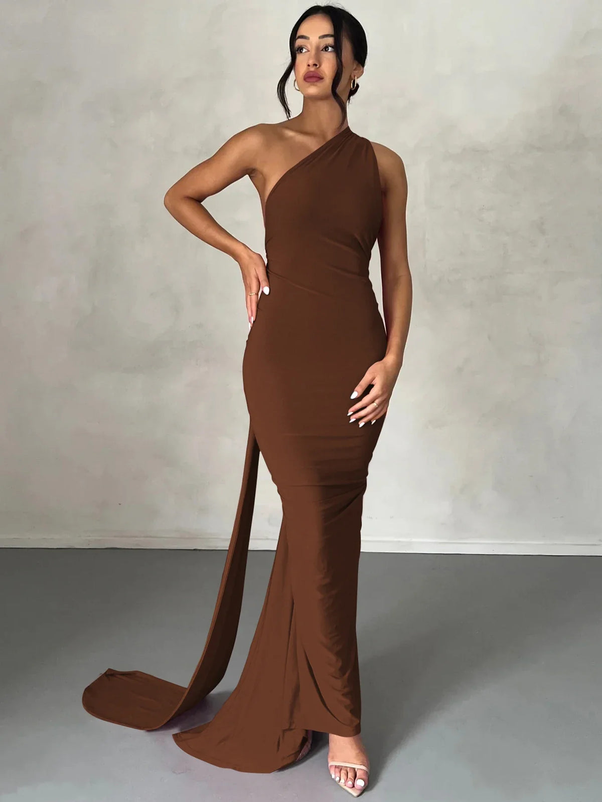 One Shoulder Scarf Ruched Maxi Dress