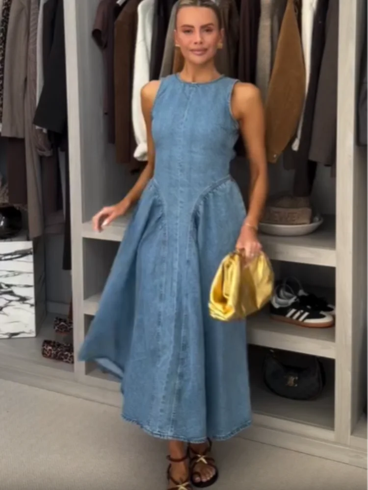 Denim Slim O-Neck Sleeveless High Waist Pleated Work Dress