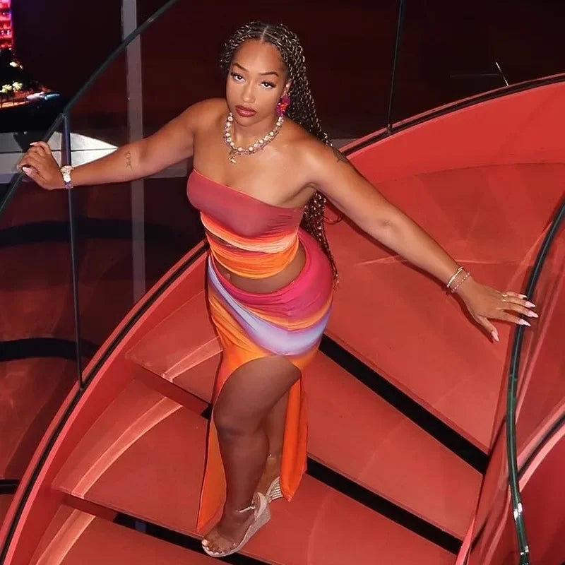 Colorful Cut Out Tube Top Split Three Piece Swim Sets - Fashionpara