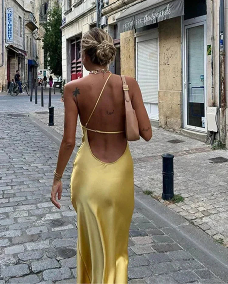 Backless Satin Slant Shoulder Solid Slit Long Dress - View 15