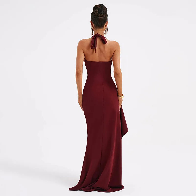 Plunge Neck Halter High-Slit Bodycon Maxi Dress