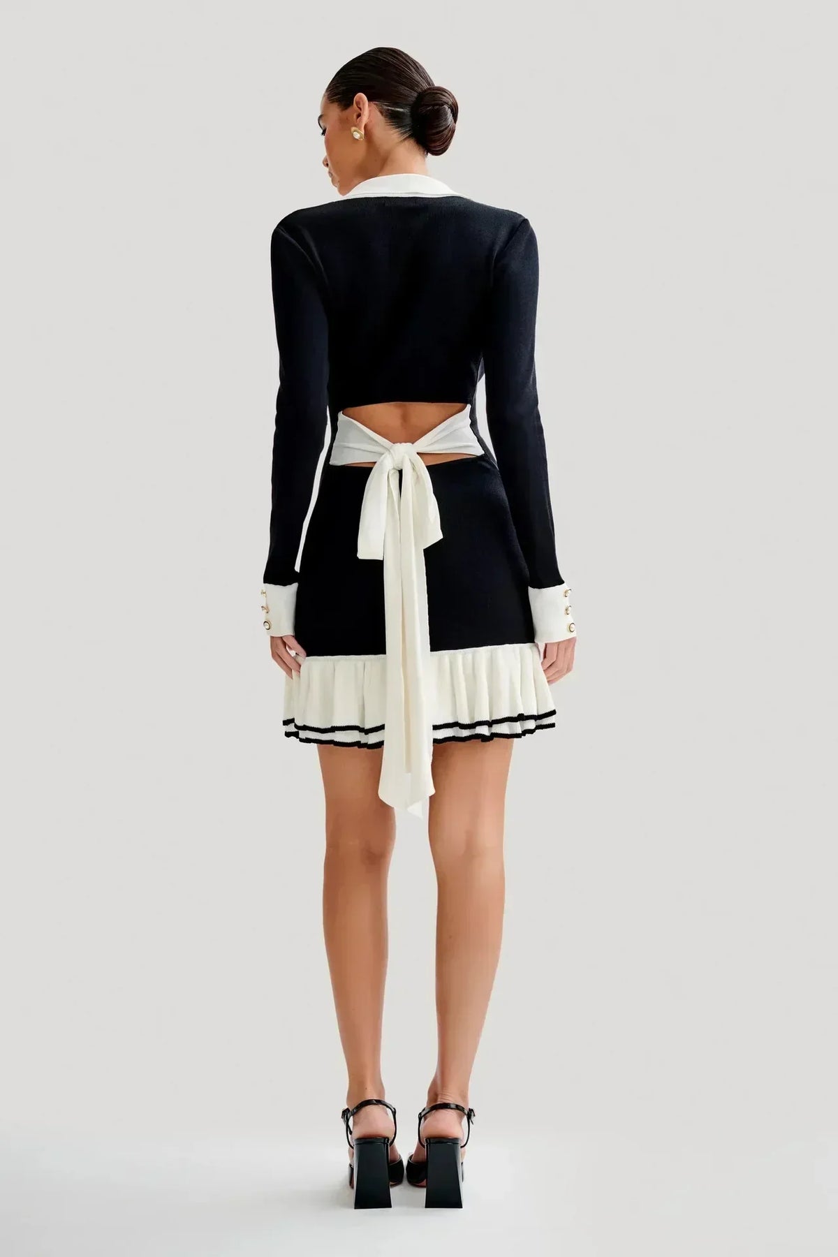Ruffled Contrast Bow Open Back Lace - Up Knit Mini Dress - View 10