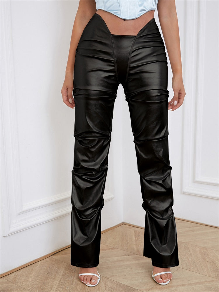 Gianny Shiny Faux Leather Pleated Pants