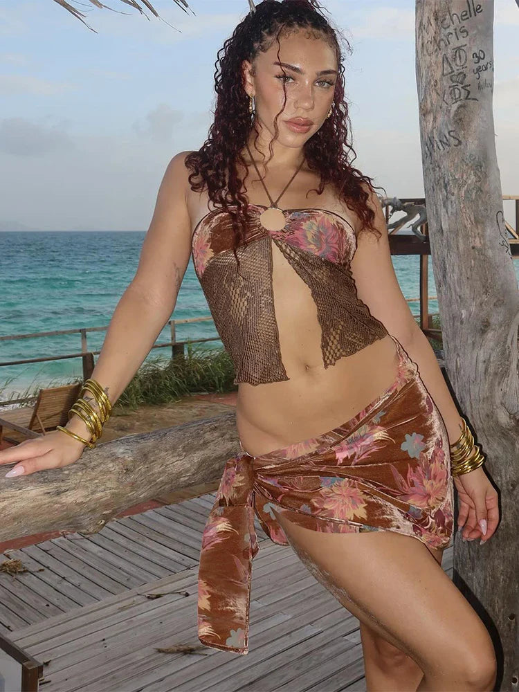 Vintage Patchwork Halter Split Crop Three Piece Swim Sets - Fashionpara