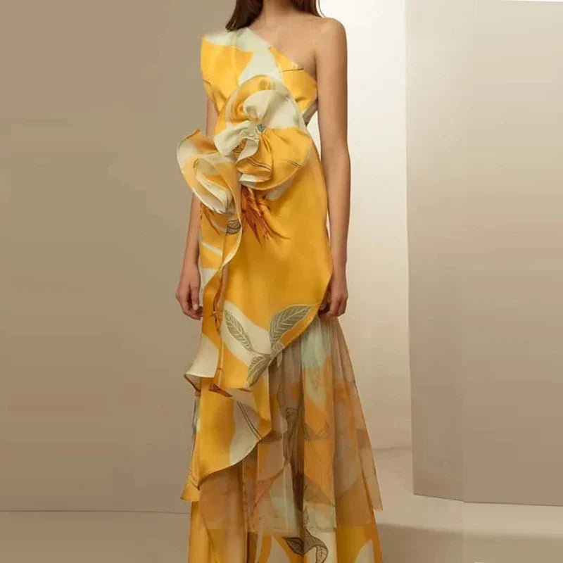 Diagonal Hollow Off Shoulder Floral Dress