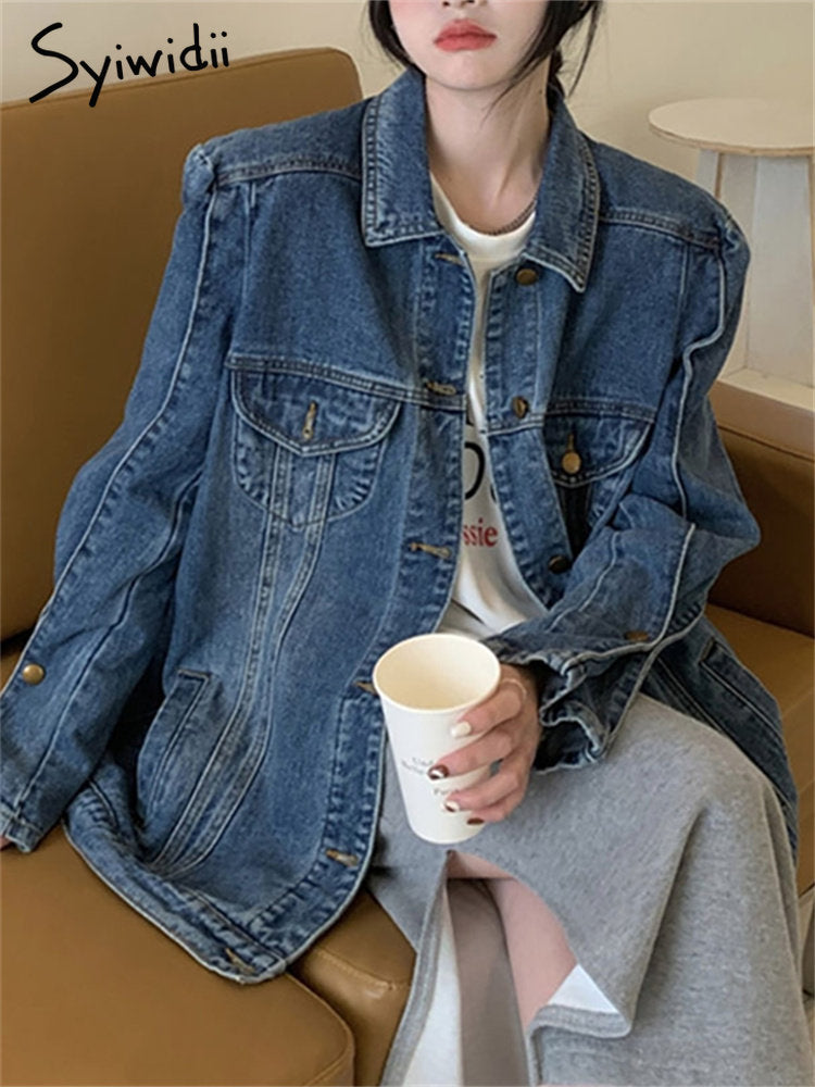 Vintage Jeans Jacket for Women 2024 New Korean Fashion Long Sleeve Turn Down Collar Coats Chic Casual Oversized Jackets - Fashionpara