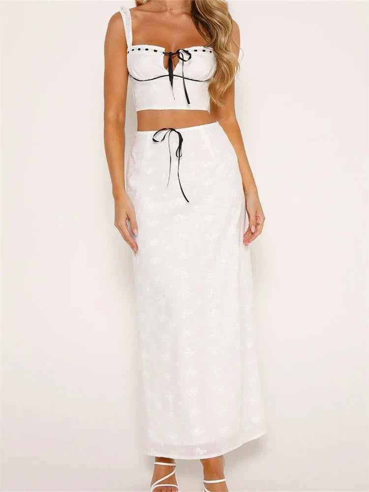 Embroidered Flower Sleeveless Crop Top High Waist Long Skirt
