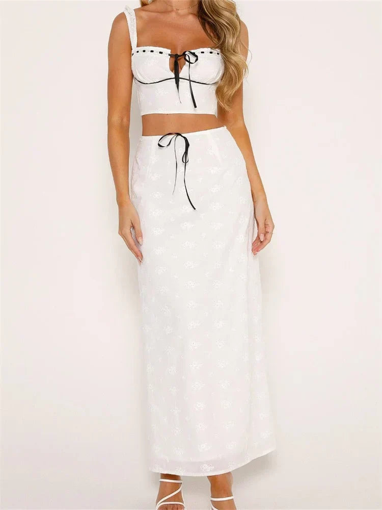 Embroidered Flower Sleeveless Crop Top High Waist Long Skirt