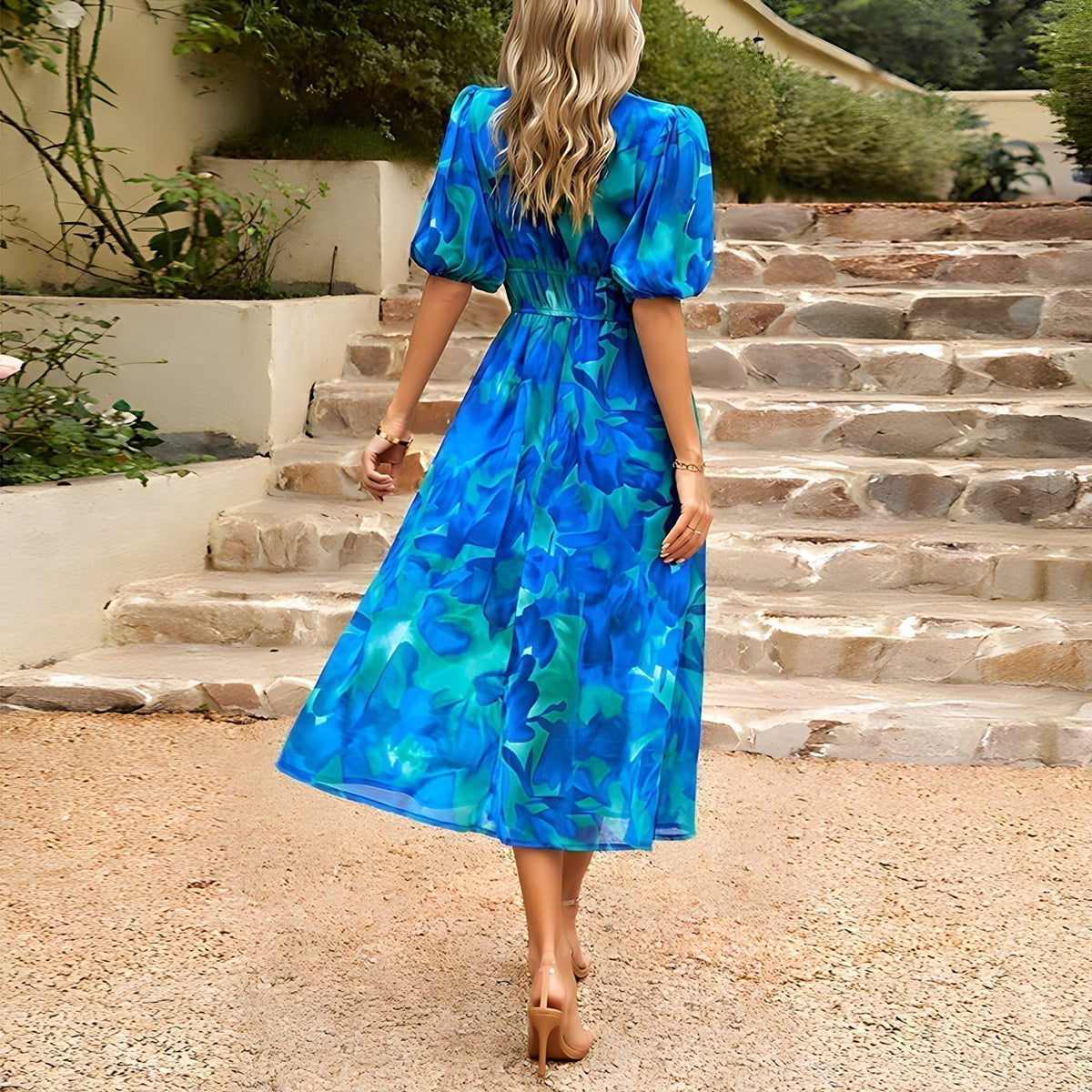 Abstract Floral V-Neck Puff Sleeve Smocked Waist Midi Dress 5
