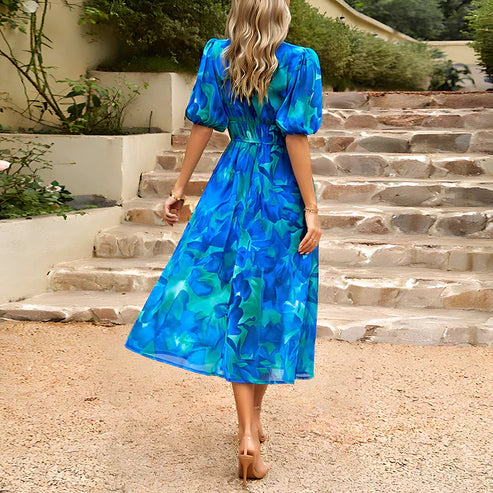 Floral Print V-Neck Puff Sleeve Ruched Waist A-Line Midi Dress - View 4