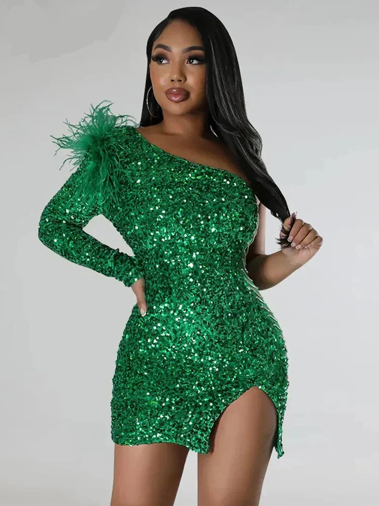 Sequin One Shoulder Long Sleeve Bodycon Mini Party Dress - View 3