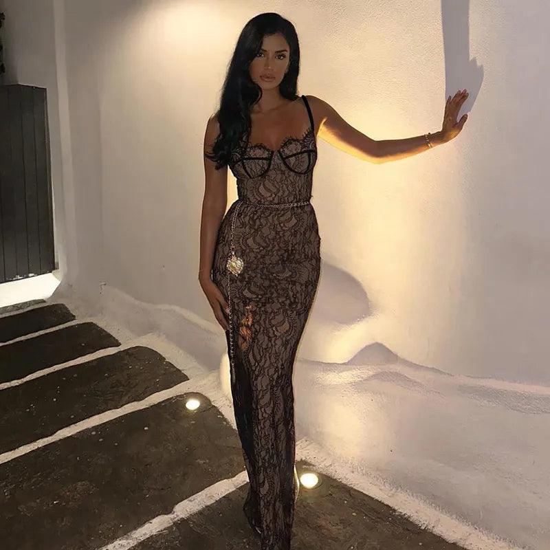 Sheer Lace Spaghetti Strap Chain Belt Bodycon Maxi Dress 5