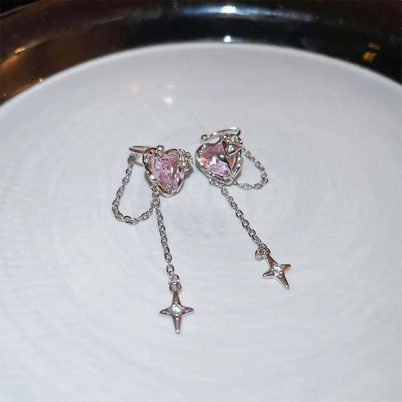 Rose Quartz Heart Celestial Fringe Clip Earring