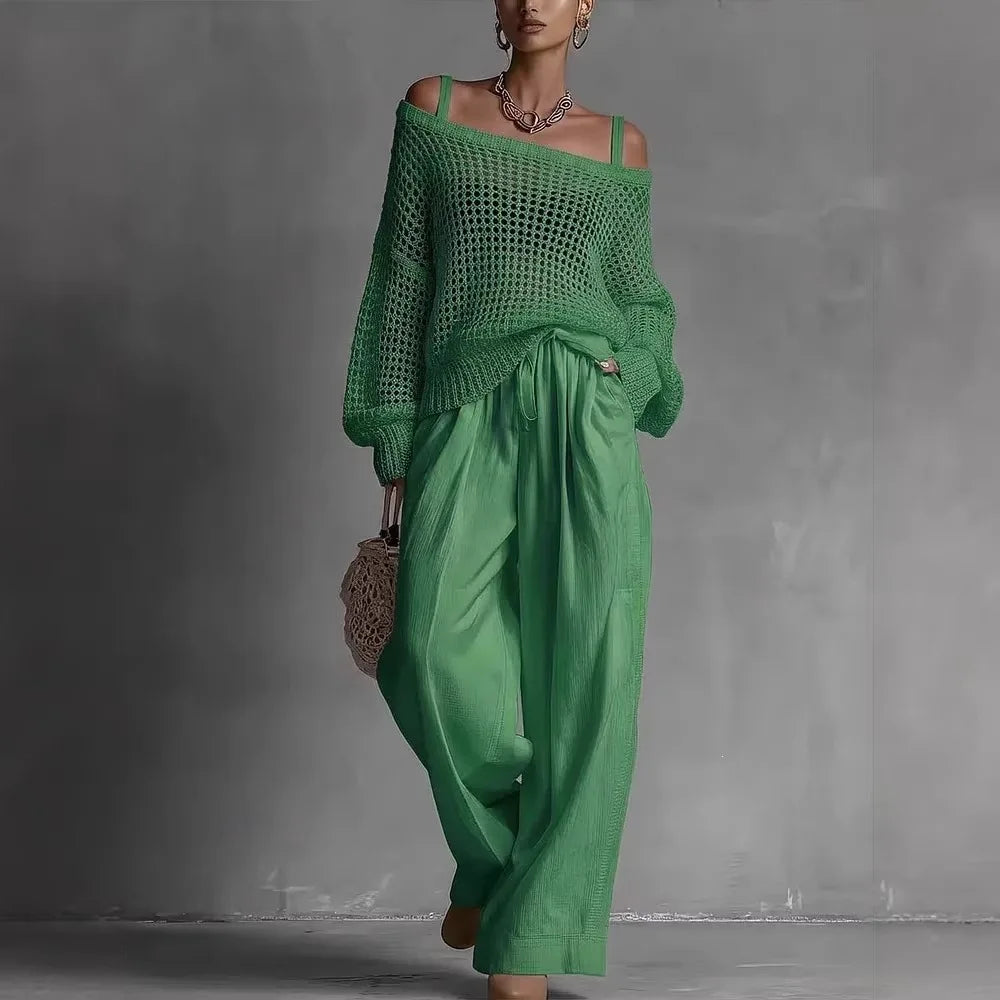 Open Knit Off Shoulder Top and Wide Leg Pants Two Piece Set 6