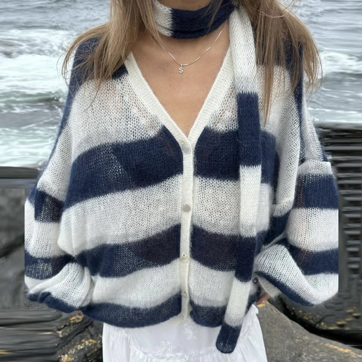 Striped Lantern Sleeve Button Knit Cardigan